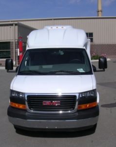 Shot of the front of the 14-passenger bus.