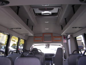 Inside shot from the van, showing the seats as would be seen while sitting in the rear.