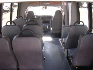 Inside shot from the van, showing the seats as would be seen while sitting in the rear.