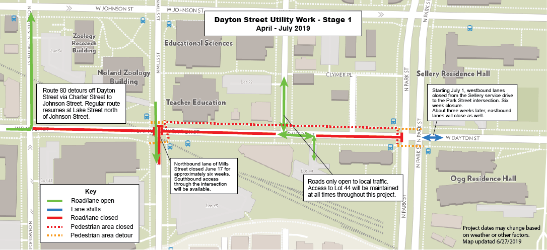 A full description of road closures associated with the Dayton Street utility project. Dayton Street closed from Charter Street to Park Street. Traffic can pass over the Dayton/Mills intersection and in a limited capacity to Lot 44. Intersection of Dayton/Charter currently closed to northbound traffic.