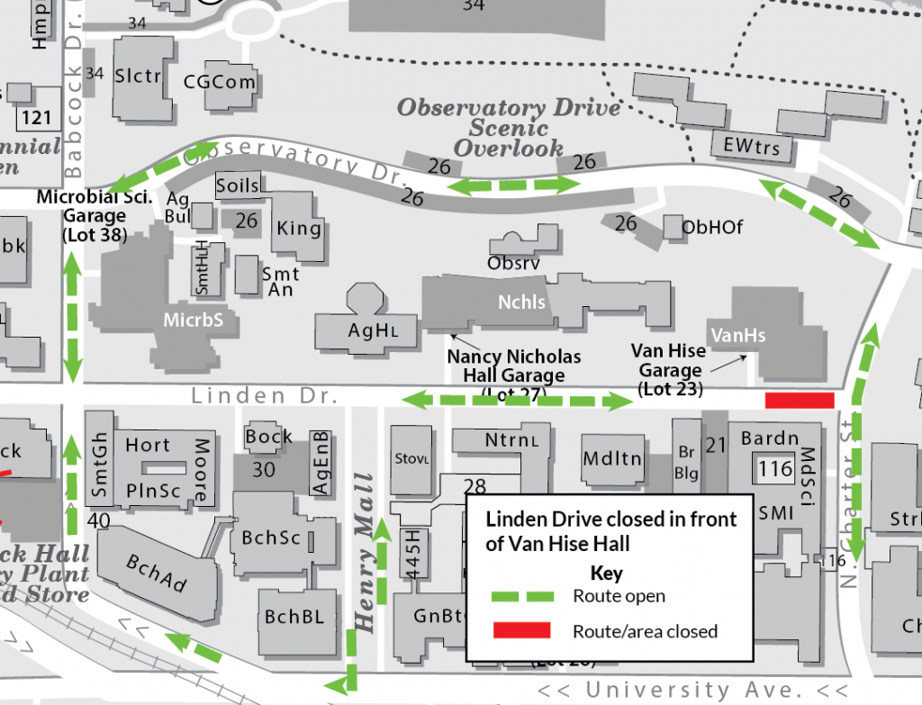 Detour map for Linden Drive closure near Van Hise Hall. Traffic can detour primarily using Observatory Drive. Linden Drive can be reached using Babcock Drive or Henry Mall.