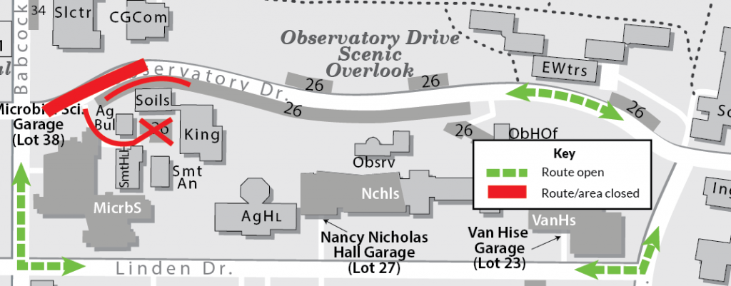 A map showing the area of Observatory Drive closed between Babcock Drive and the Soils Building--this is for a road repair project. A detour route is marked in a dashed green line showing arrows of directional travel; the detour path redirects traffic to Linden Drive.