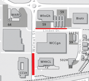 A map showing what areas are closed for a road repair project: Walnut Street between Gifford Pinchot Drive and the Campus Drive Bike Path as well as some parking stalls (Lot 59) along Linden Drive.