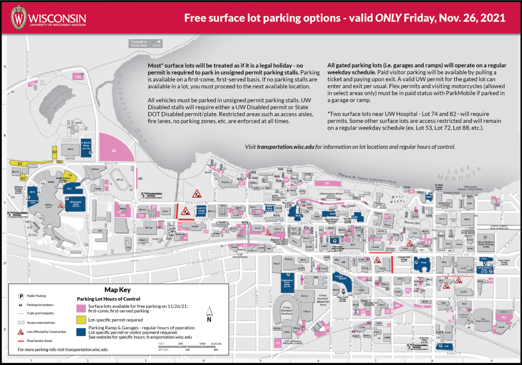 A map showing parking options for Friday, Nov. 26, 2021. Free surface lot options are colored pink, restricted lots are a golden yellow, and parking garages and ramps are dark blue. Please contact customerservice@fpm.wisc.edu for a specific list of lots, if needed.