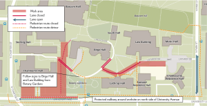 Map of area between N. Charter Street and N. Park Street, north of University Avenue. Map shows pedestrian detours between Botany Gardens, Birge Hall, and Law Buildings, and a protected walkway around construction in front of Chamberlin Hall along University Avenue due to a sidewalk and lane closure along University Avenue.