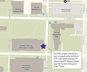 Map of UW campus intercity bus stop location on N. Lake Street, between W. Johnson and W. Dayton Streets, near Gordon Dining and Event Center.
