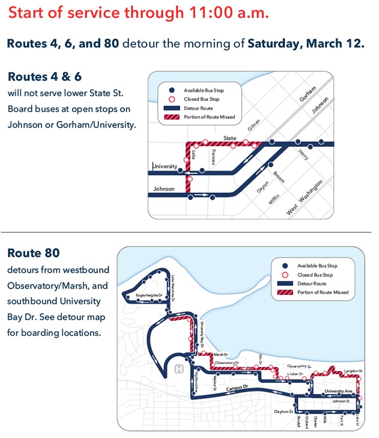 Shamrock Shuffle detours 3/12/22 Transportation Services UWMadison