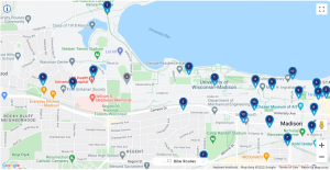Map of BCycle stations on UW-Madison campus as of April 2022. Refer to body of article for locations.