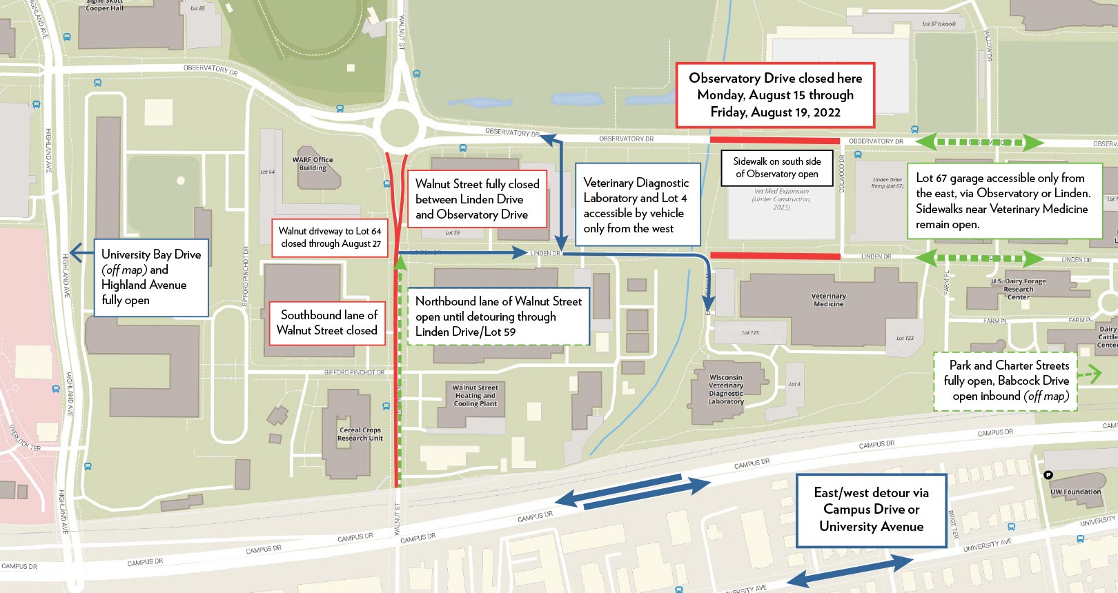 Observatory Drive to fully close near Veterinary Medicine, August 15-19 – Transportation Services – UW–Madison