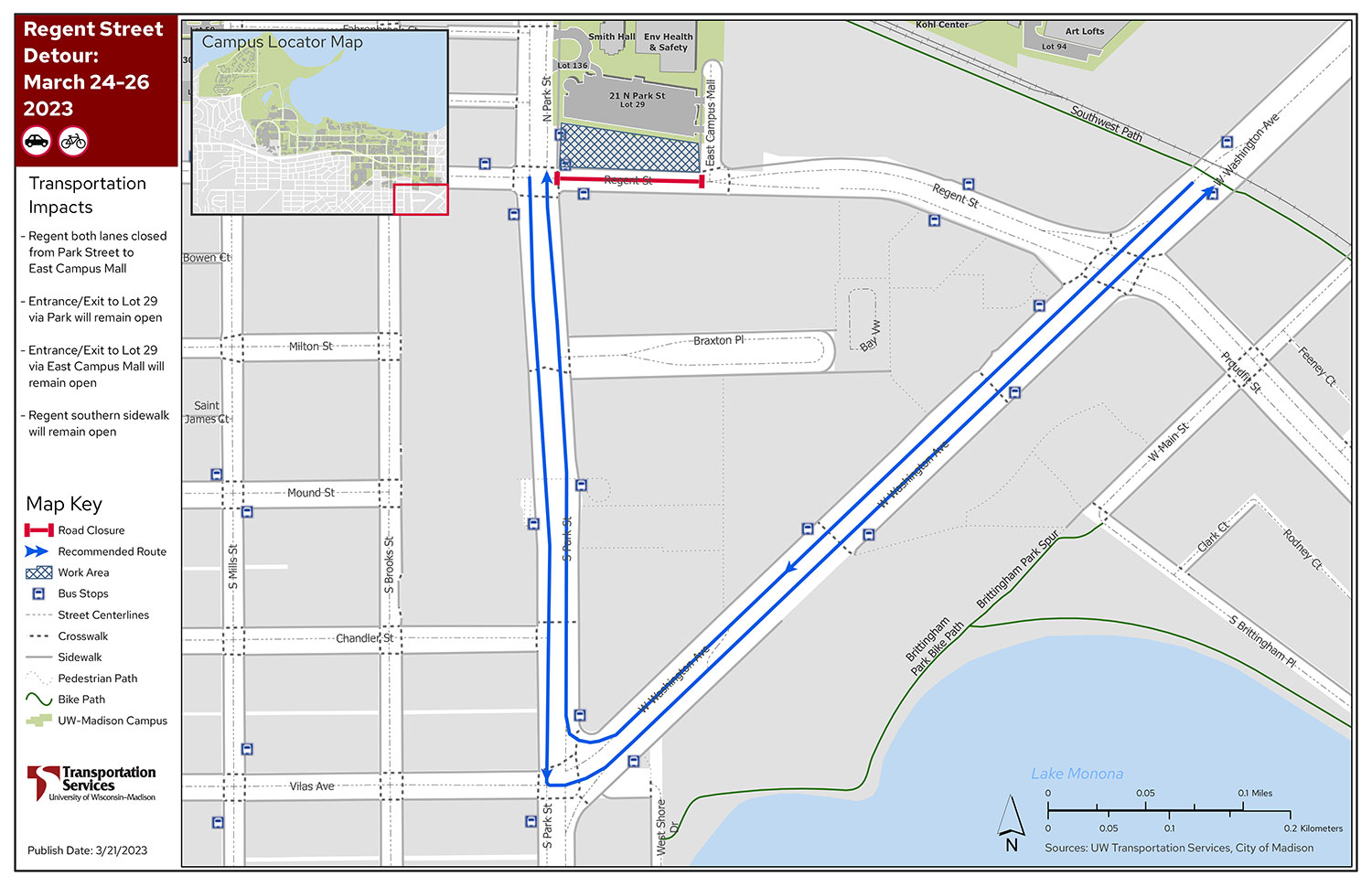 Regent Street closure, March 2023, with detour via Park Street and West Washington Avenue.