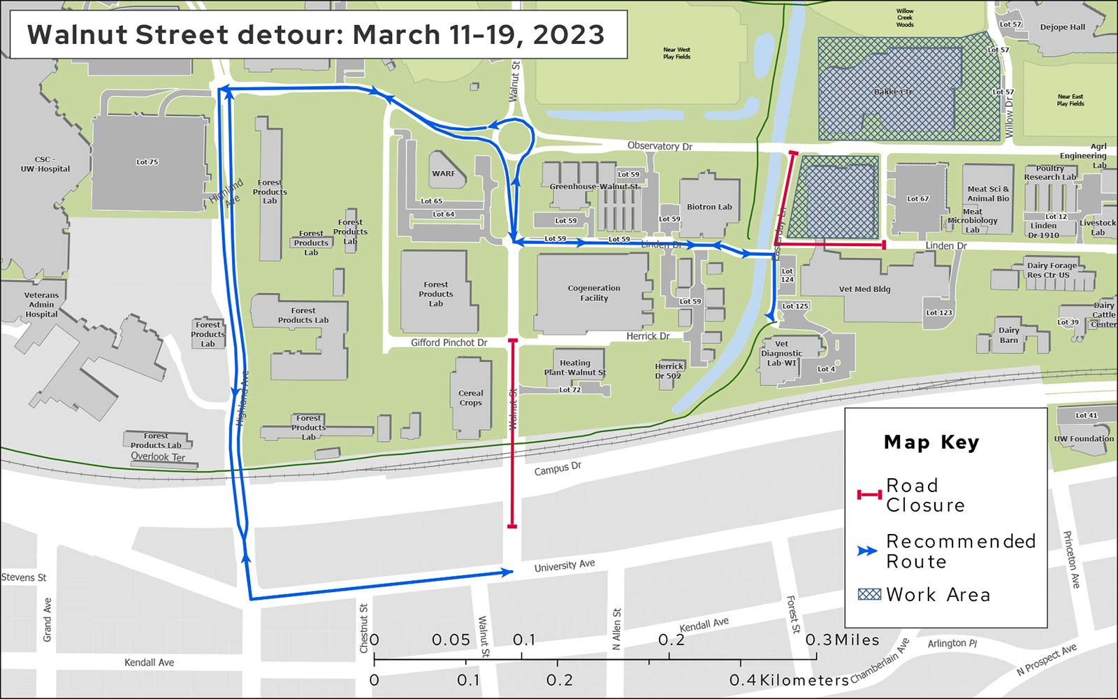 Walnut Street closure, detour to Highland Avenue, March 2023