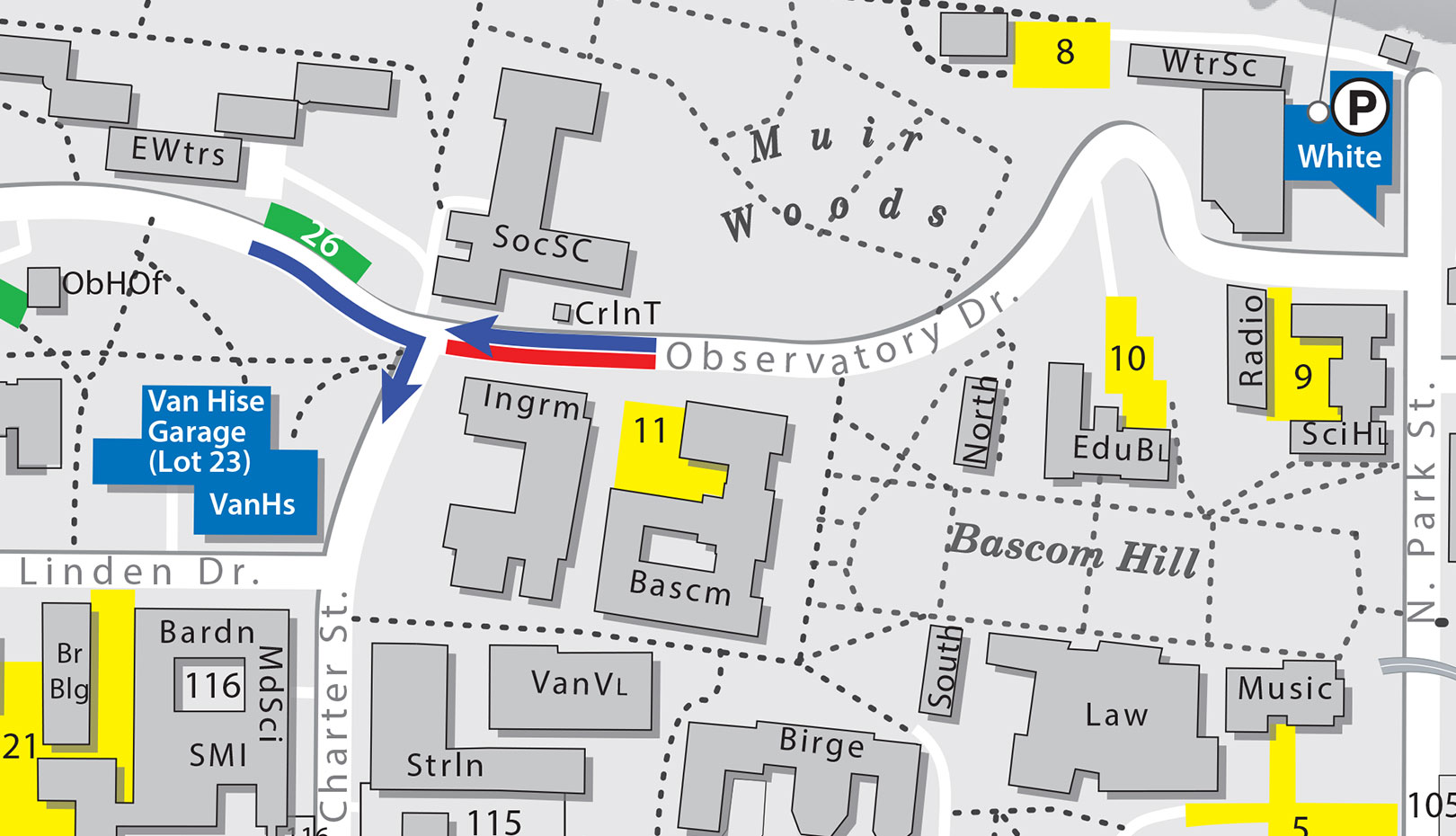 Eastbound closure of Observatory Drive near Bascom Hall, April 24-May 5, 2023