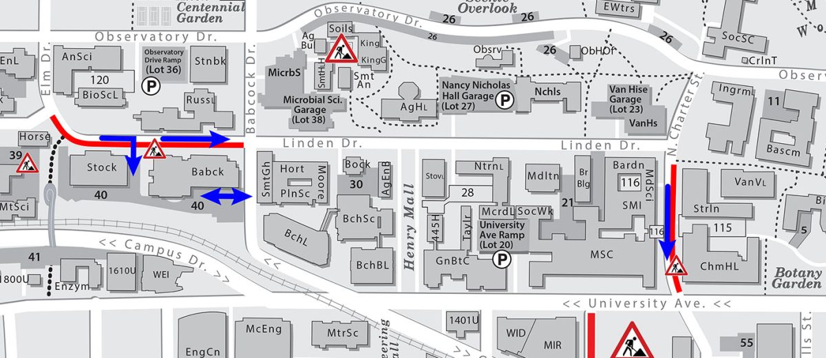 Central campus map showing traffic impacts at both construction areas.