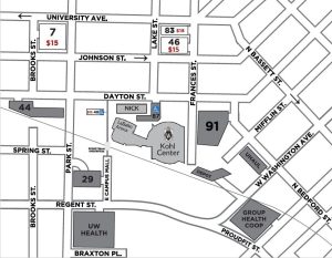 Map of UW-Men's Basketball parking areas. Single-game parking is available first-come, first-served for $15 in lots 7, 83, and 46. Accessible day-of parking is available for $15 in lot 48.