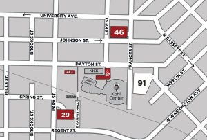 Map for UW Badger Women's basketball parking. Day-of parking is available in Lots 46 and 29 for $5. Day-of accessible parking is available in Lots 46 and 87 for $5.