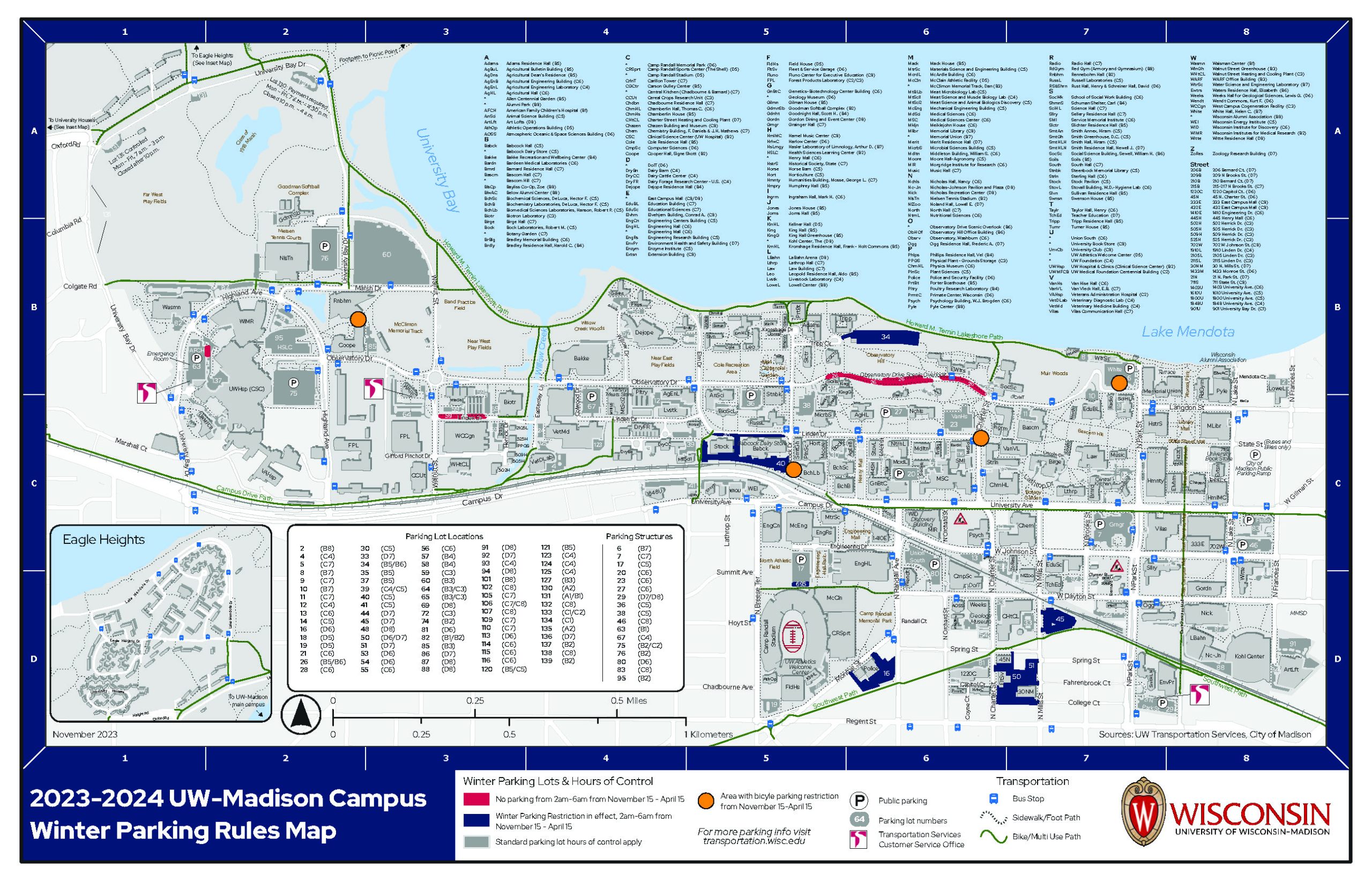 Image of 2023-24 winter parking restrictions for the University of Wisconsin-Madison campus. A text version of the winter restrictions are available at https://transportation.wisc.edu/winter-procedures/